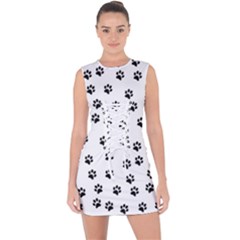 Dog Paws Pattern, Black And White Vector Illustration, Animal Love Theme Lace Up Front Bodycon Dress by Casemiro