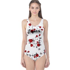 Vector Roses Pattern,red Flowers And Black Branches, Asymmetric Design One Piece Swimsuit by Casemiro