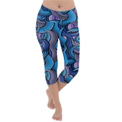 Blue Swirl Pattern Lightweight Velour Capri Yoga Leggings by designsbymallika