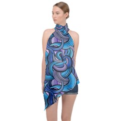 Blue Swirl Pattern Halter Asymmetric Satin Top by designsbymallika