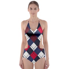 Checks Pattern Blue Red Cut-out One Piece Swimsuit by designsbymallika