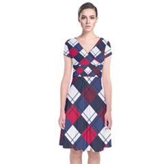 Checks Pattern Blue Red Short Sleeve Front Wrap Dress