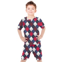 Checks Pattern Blue Red Kids  Tee And Shorts Set by designsbymallika