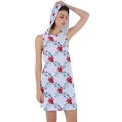 Poppies Pattern, Poppy Flower Symetric Theme, Floral Design Racer Back Hoodie Dress