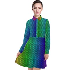 Rainbow Colored Scales Pattern, Full Color Palette, Fish Like Long Sleeve Chiffon Shirt Dress