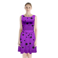 Two tone purple with black strings and ovals, dots. Geometric pattern Sleeveless Waist Tie Chiffon Dress