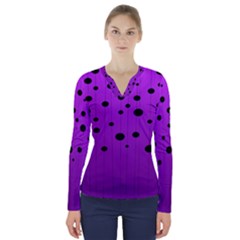 Two tone purple with black strings and ovals, dots. Geometric pattern V-Neck Long Sleeve Top