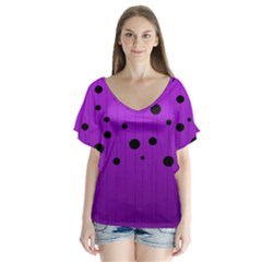 Two Tone Purple With Black Strings And Ovals, Dots  Geometric Pattern V-neck Flutter Sleeve Top by Casemiro