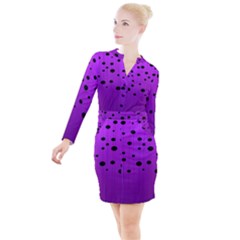 Two tone purple with black strings and ovals, dots. Geometric pattern Button Long Sleeve Dress