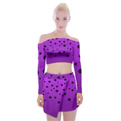 Two tone purple with black strings and ovals, dots. Geometric pattern Off Shoulder Top with Mini Skirt Set