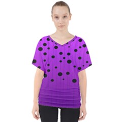 Two tone purple with black strings and ovals, dots. Geometric pattern V-Neck Dolman Drape Top