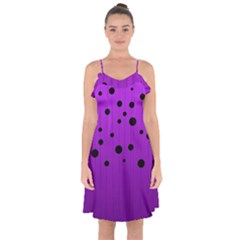 Two tone purple with black strings and ovals, dots. Geometric pattern Ruffle Detail Chiffon Dress