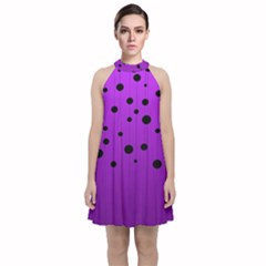 Two tone purple with black strings and ovals, dots. Geometric pattern Velvet Halter Neckline Dress 