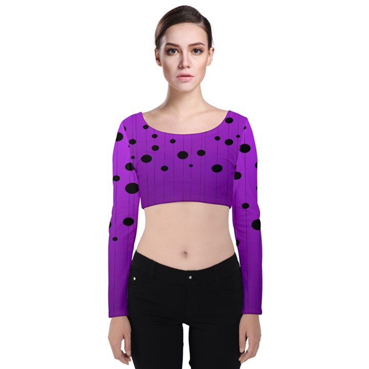 Two tone purple with black strings and ovals, dots. Geometric pattern Velvet Long Sleeve Crop Top