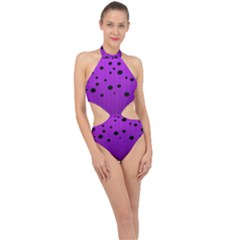 Two tone purple with black strings and ovals, dots. Geometric pattern Halter Side Cut Swimsuit