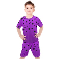 Two tone purple with black strings and ovals, dots. Geometric pattern Kids  Tee and Shorts Set
