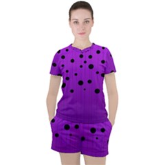 Two tone purple with black strings and ovals, dots. Geometric pattern Women s Tee and Shorts Set