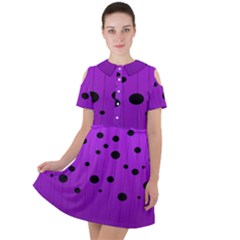 Two Tone Purple With Black Strings And Ovals, Dots  Geometric Pattern Short Sleeve Shoulder Cut Out Dress  by Casemiro