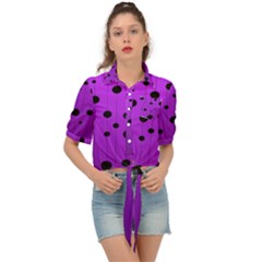 Two tone purple with black strings and ovals, dots. Geometric pattern Tie Front Shirt 