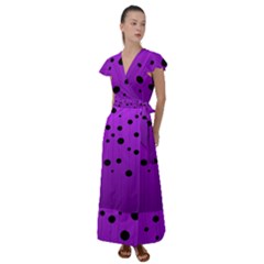 Two tone purple with black strings and ovals, dots. Geometric pattern Flutter Sleeve Maxi Dress