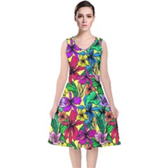 Hibiscus Flowers Pattern, Floral Theme, Rainbow Colors, Colorful Palette V-neck Midi Sleeveless Dress  by Casemiro