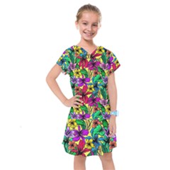Hibiscus Flowers Pattern, Floral Theme, Rainbow Colors, Colorful Palette Kids  Drop Waist Dress by Casemiro