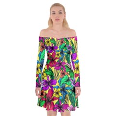 Hibiscus Flowers Pattern, Floral Theme, Rainbow Colors, Colorful Palette Off Shoulder Skater Dress by Casemiro