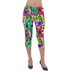 Hibiscus Flowers Pattern, Floral Theme, Rainbow Colors, Colorful Palette Lightweight Velour Capri Leggings  by Casemiro