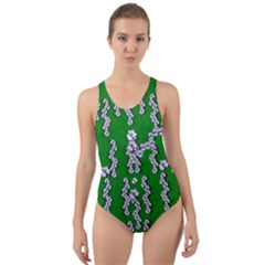 Cherry-blossoms Branch Decorative On A Field Of Fern Cut-out Back One Piece Swimsuit by pepitasart