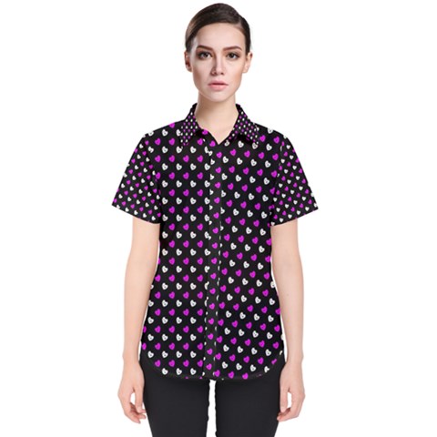 White And Pink Hearts At Black, Vector Handrawn Hearts Pattern Women s Short Sleeve Shirt by Casemiro