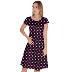 White And Pink Hearts At Black, Vector Handrawn Hearts Pattern Classic Short Sleeve Dress