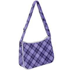 Pastel Purple And Steel Black Lines Pattern, Retro Tartan, Classic Plaid Zip Up Shoulder Bag by Casemiro