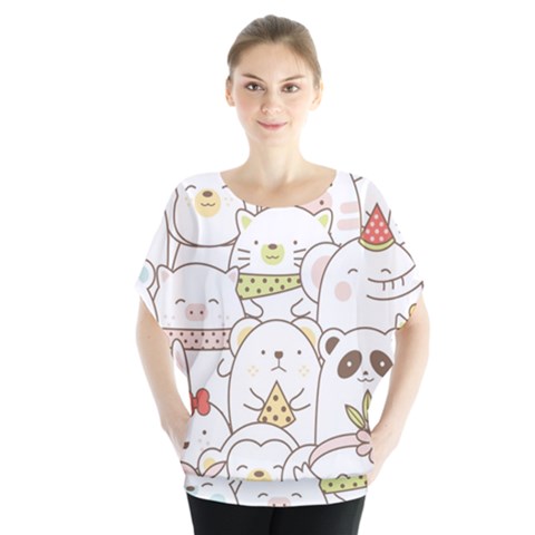 Cute-baby-animals-seamless-pattern Batwing Chiffon Blouse by Sobalvarro