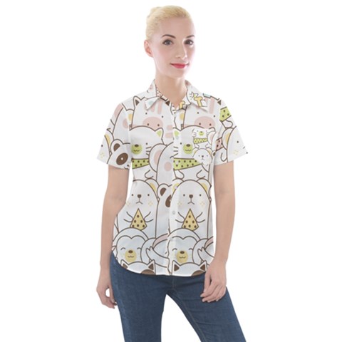 Cute-baby-animals-seamless-pattern Women s Short Sleeve Pocket Shirt by Sobalvarro