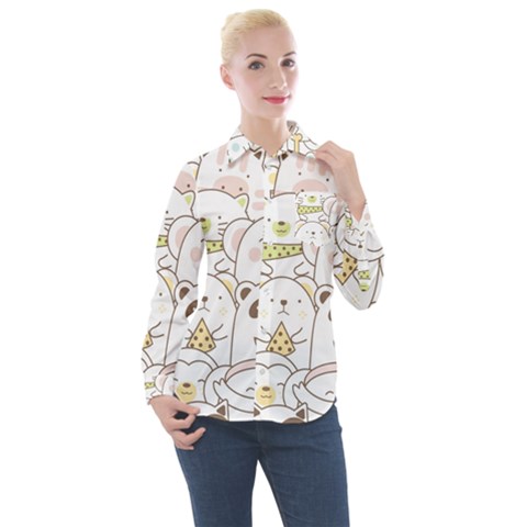 Cute-baby-animals-seamless-pattern Women s Long Sleeve Pocket Shirt by Sobalvarro