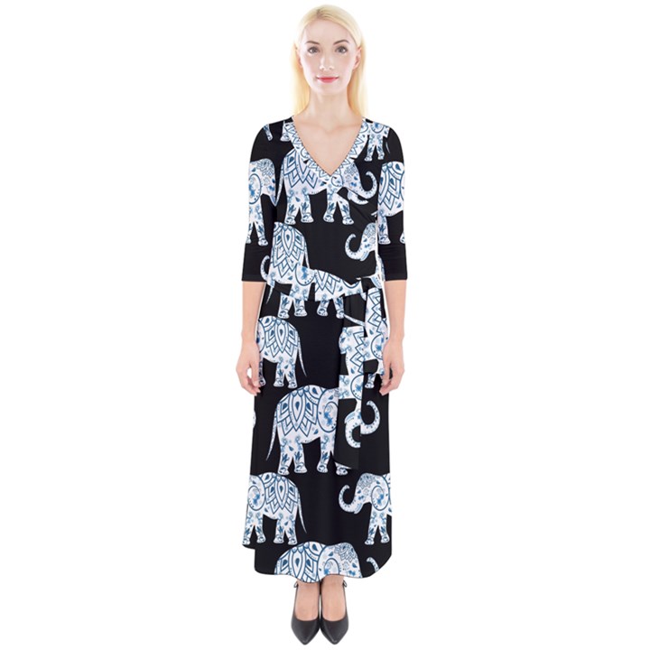 Elephant-pattern-background Quarter Sleeve Wrap Maxi Dress