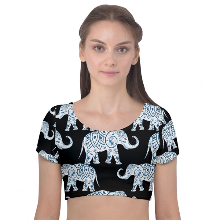 Elephant-pattern-background Velvet Short Sleeve Crop Top 