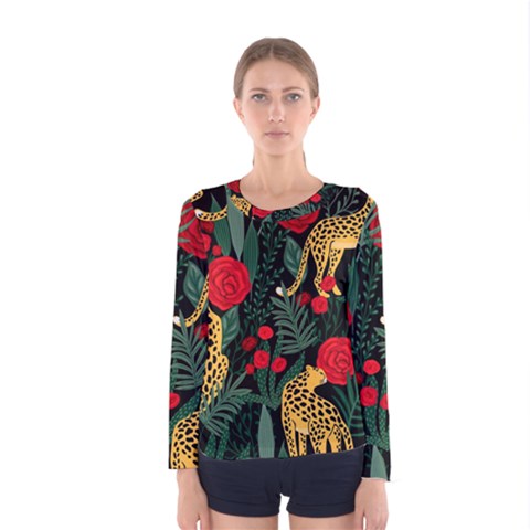 Seamless-pattern-with-leopards-and-roses-vector Women s Long Sleeve Tee by Sobalvarro