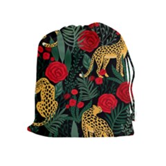 Seamless-pattern-with-leopards-and-roses-vector Drawstring Pouch (xl) by Sobalvarro