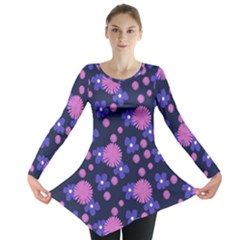 Pink And Blue Flowers Long Sleeve Tunic  by bloomingvinedesign