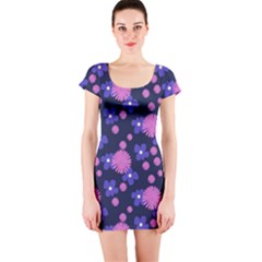 Pink And Blue Flowers Short Sleeve Bodycon Dress by bloomingvinedesign