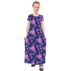 Pink And Blue Flowers Kids  Short Sleeve Maxi Dress