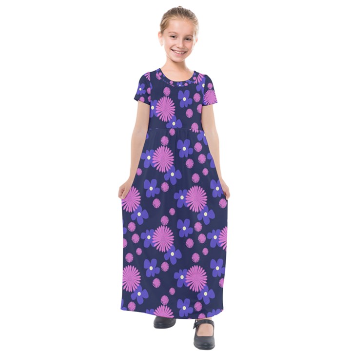 Pink and Blue Flowers Kids  Short Sleeve Maxi Dress