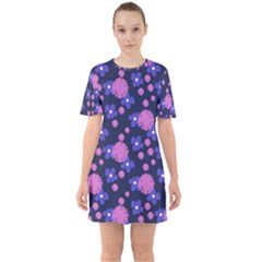 Pink And Blue Flowers Sixties Short Sleeve Mini Dress by bloomingvinedesign