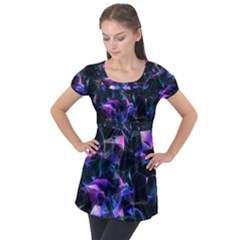 Abstract Atom Background Puff Sleeve Tunic Top