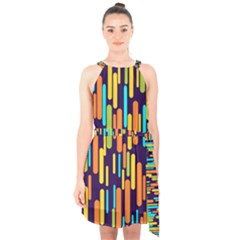 Illustration Abstract Line Halter Collar Waist Tie Chiffon Dress