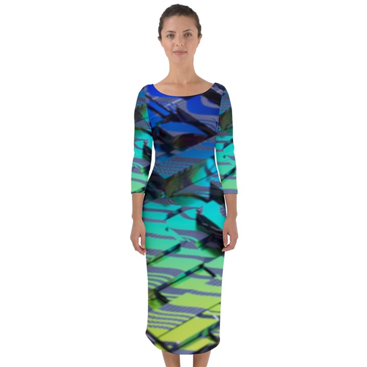 Digital Abstract Quarter Sleeve Midi Bodycon Dress