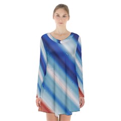Blue White Long Sleeve Velvet V-neck Dress by Sparkle