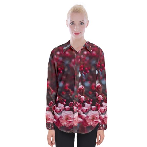 Red Floral Womens Long Sleeve Shirt by Sparkle