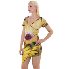 Yellow Flowers Short Sleeve Asymmetric Mini Dress by Sparkle